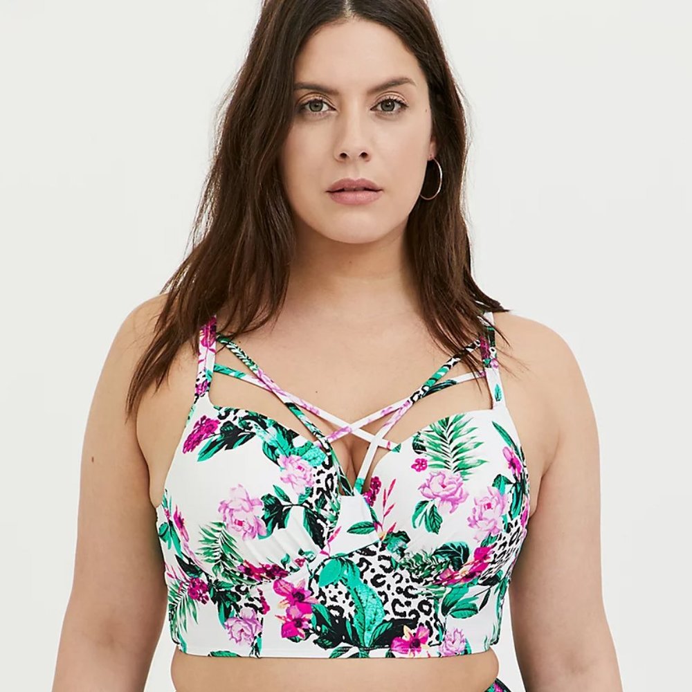 White Tropical Leopard Lattice Push-Up Underwire Balconette Bikini Top, 4 D/DD